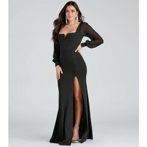 Black Formal Chiffon Sleeve Slit Long Dress - Homecoming, Prom, Formal